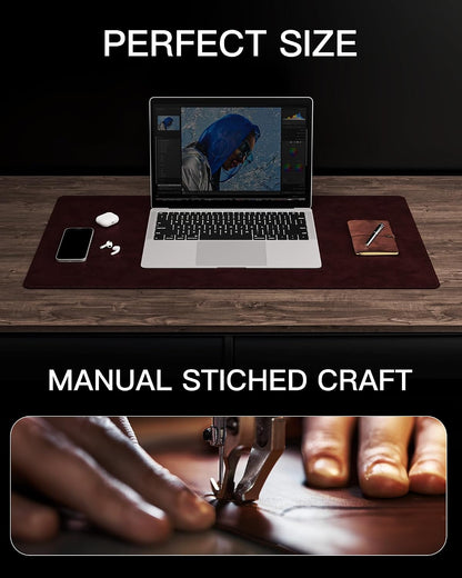 Genuine Leather Desk Mat, 31.5"x15.8" Office Desk Pad, Thick Premium Table Pad with Stitched Line, Non-Slip Laptop Writing Pad with Rubber Base (Dark Brown, 31.5"x15.8")