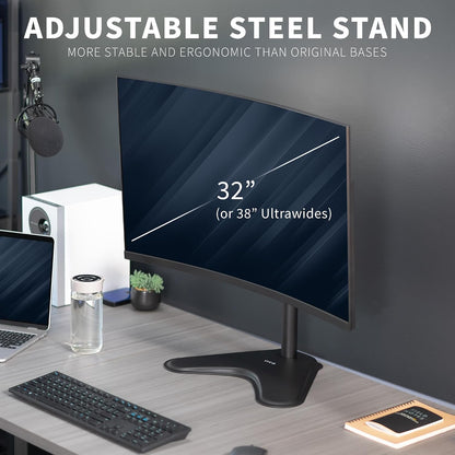 Single Monitor Desk Stand, Holds Screens up to 32 inch Regular and 38 inch Ultrawide, Freestanding VESA Steel Mount Base, Adjustable Height, Tilt, Swivel, Rotation, Black, STAND-V001H