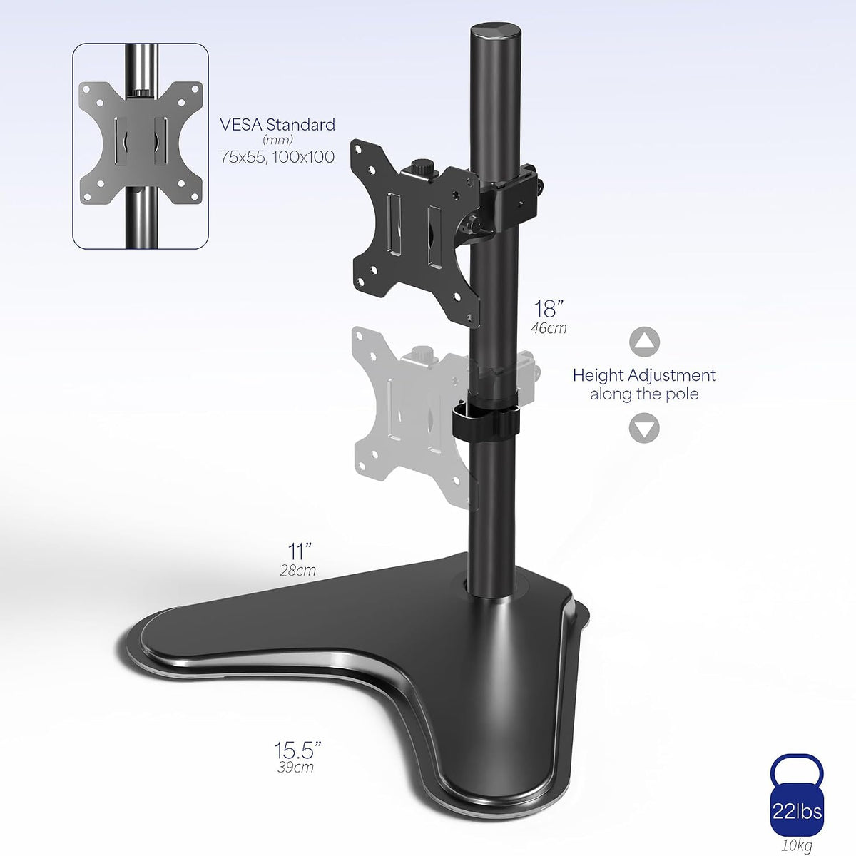 Single Monitor Desk Stand, Holds Screens up to 32 inch Regular and 38 inch Ultrawide, Freestanding VESA Steel Mount Base, Adjustable Height, Tilt, Swivel, Rotation, Black, STAND-V001H
