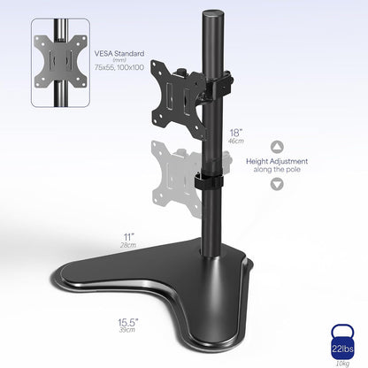 Single Monitor Desk Stand, Holds Screens up to 32 inch Regular and 38 inch Ultrawide, Freestanding VESA Steel Mount Base, Adjustable Height, Tilt, Swivel, Rotation, Black, STAND-V001H