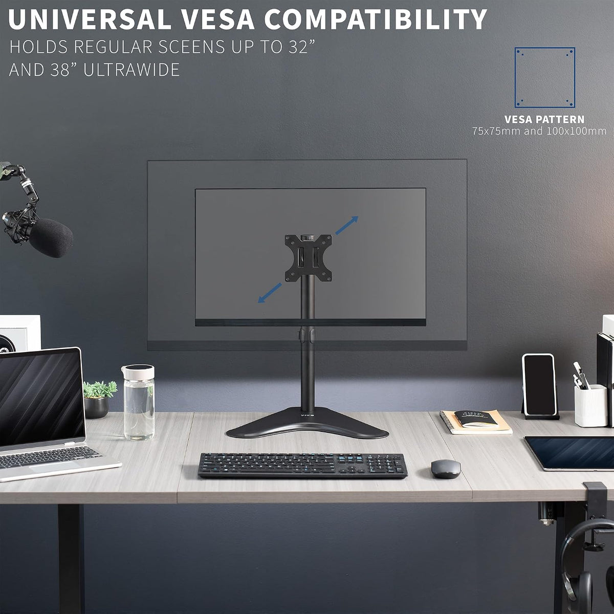 Single Monitor Desk Stand, Holds Screens up to 32 inch Regular and 38 inch Ultrawide, Freestanding VESA Steel Mount Base, Adjustable Height, Tilt, Swivel, Rotation, Black, STAND-V001H
