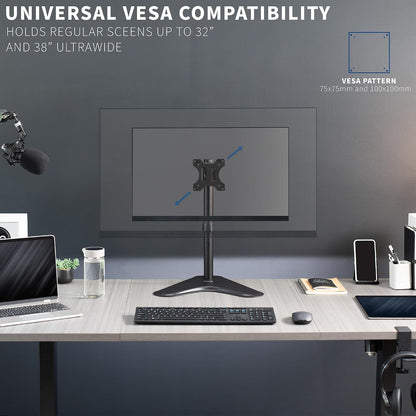 Single Monitor Desk Stand, Holds Screens up to 32 inch Regular and 38 inch Ultrawide, Freestanding VESA Steel Mount Base, Adjustable Height, Tilt, Swivel, Rotation, Black, STAND-V001H