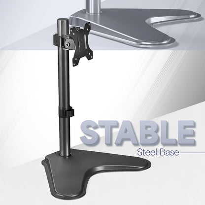 Single Monitor Desk Stand, Holds Screens up to 32 inch Regular and 38 inch Ultrawide, Freestanding VESA Steel Mount Base, Adjustable Height, Tilt, Swivel, Rotation, Black, STAND-V001H
