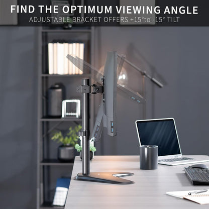 Single Monitor Desk Stand, Holds Screens up to 32 inch Regular and 38 inch Ultrawide, Freestanding VESA Steel Mount Base, Adjustable Height, Tilt, Swivel, Rotation, Black, STAND-V001H