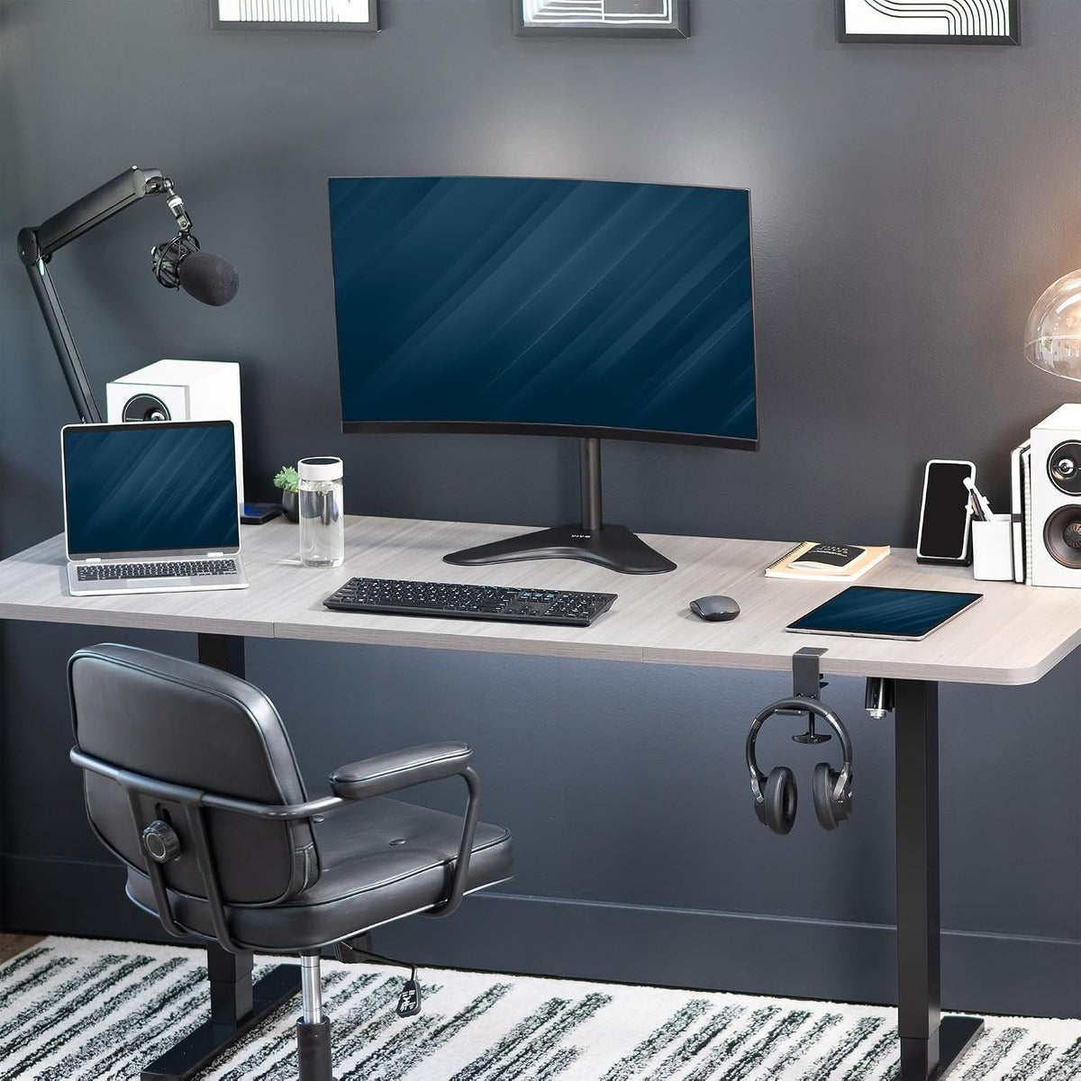 Single Monitor Desk Stand, Holds Screens up to 32 inch Regular and 38 inch Ultrawide, Freestanding VESA Steel Mount Base, Adjustable Height, Tilt, Swivel, Rotation, Black, STAND-V001H