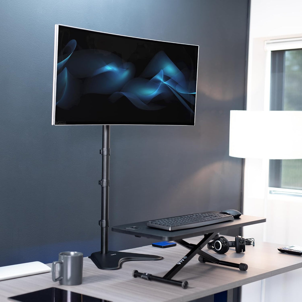 Single Monitor Desk Stand, Holds Screens up to 32 inch Regular and 38 inch Ultrawide, Freestanding VESA Steel Mount Base, Adjustable Height, Tilt, Swivel, Rotation, Black, STAND-V001H