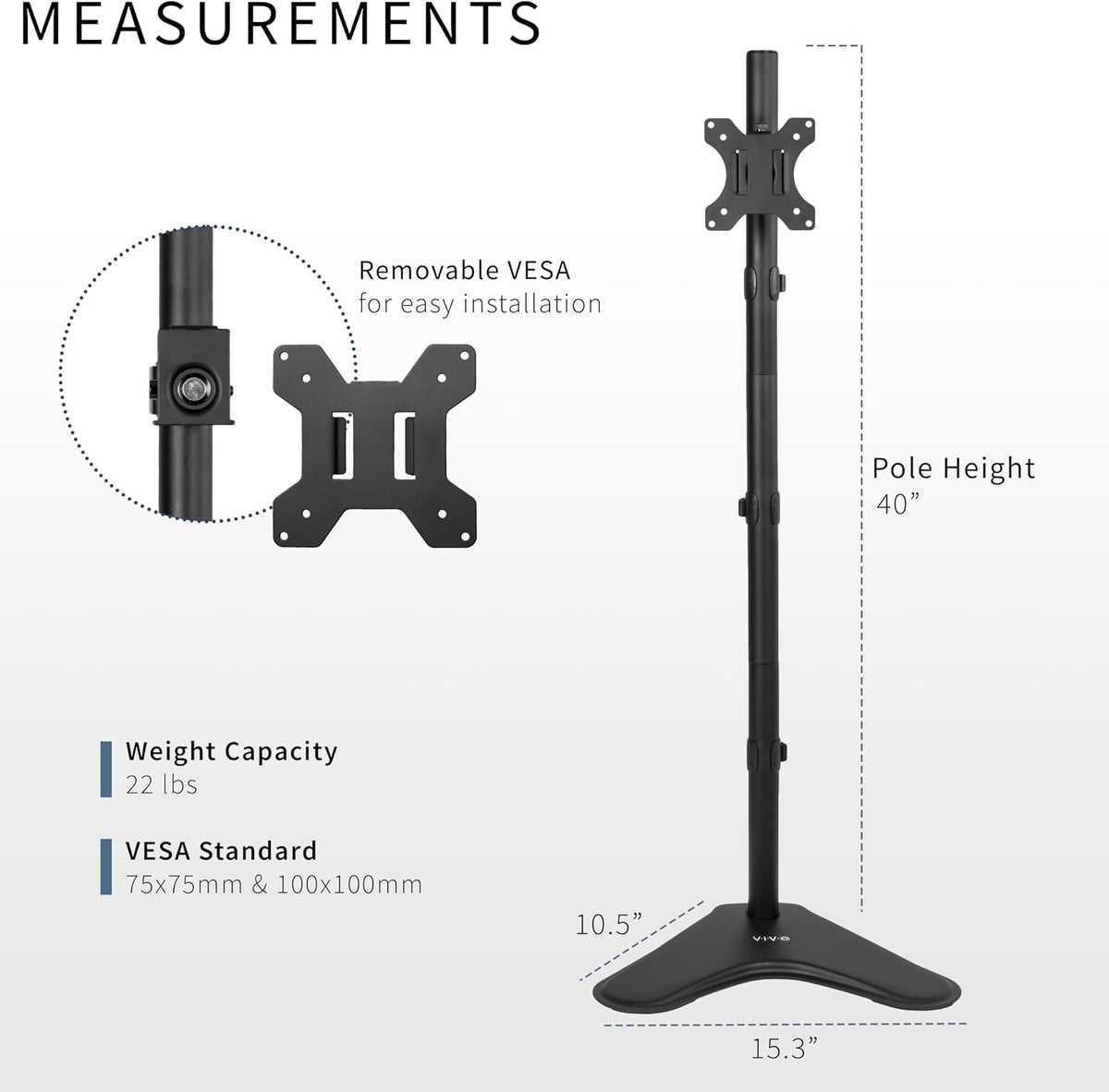 Single Monitor Desk Stand, Holds Screens up to 32 inch Regular and 38 inch Ultrawide, Freestanding VESA Steel Mount Base, Adjustable Height, Tilt, Swivel, Rotation, Black, STAND-V001H