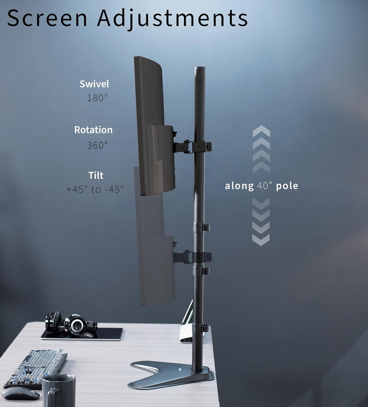 Single Monitor Desk Stand, Holds Screens up to 32 inch Regular and 38 inch Ultrawide, Freestanding VESA Steel Mount Base, Adjustable Height, Tilt, Swivel, Rotation, Black, STAND-V001H
