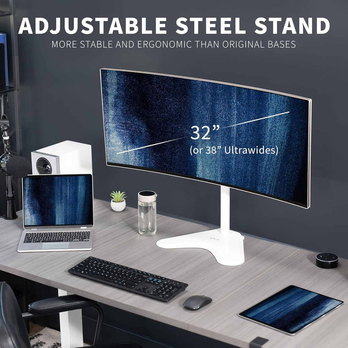 Single Monitor Desk Stand, Holds Screens up to 32 inch Regular and 38 inch Ultrawide, Freestanding VESA Steel Mount Base, Adjustable Height, Tilt, Swivel, Rotation, Black, STAND-V001H
