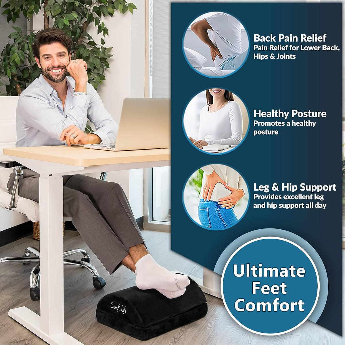 Foot Rest for Under Desk at Work – Adjustable Height Memory Foam Foot Stool for Under Desk, Office Chair & Gaming Chair – Ergonomic Footrest for Back & Hip Pain Relief (Black)