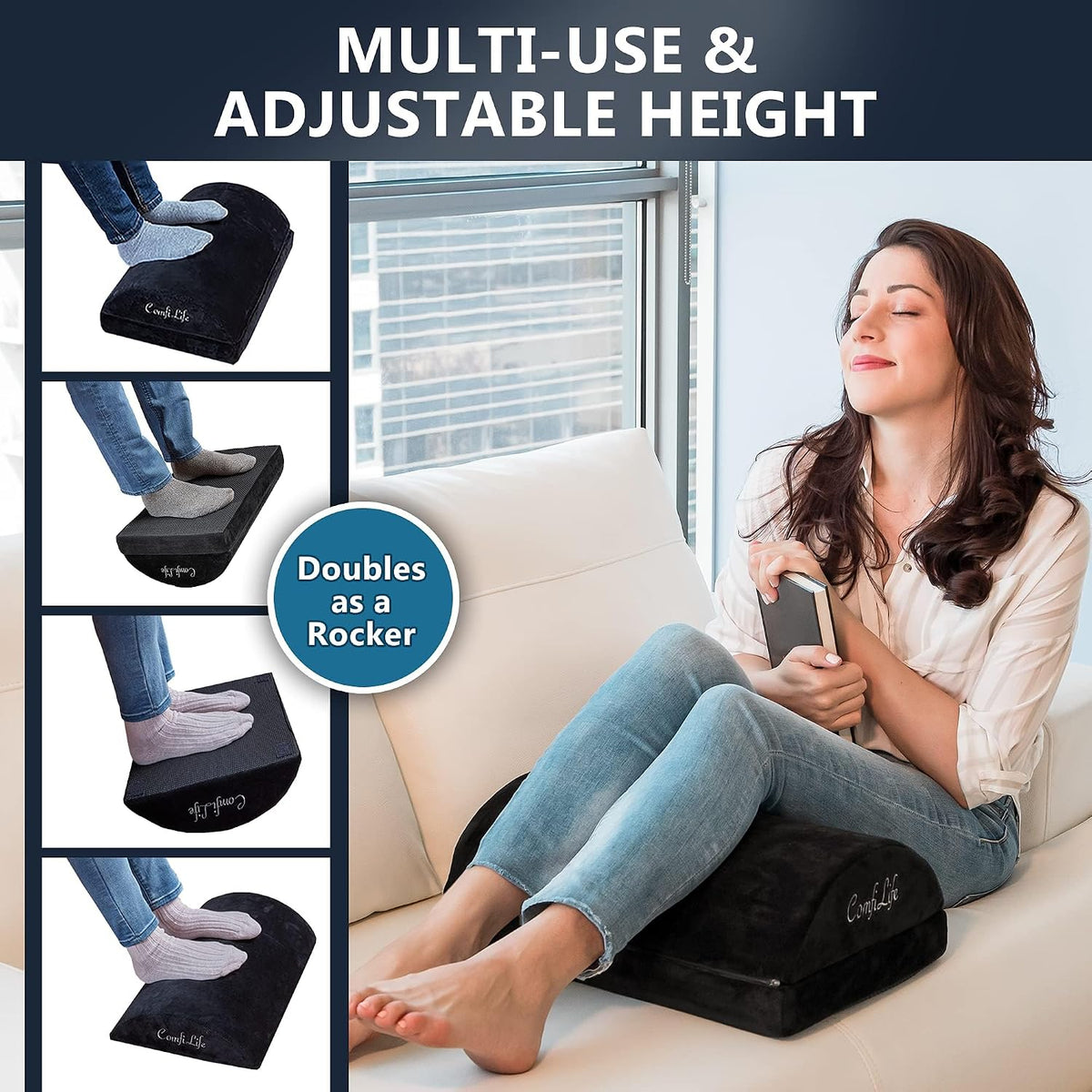 Foot Rest for Under Desk at Work – Adjustable Height Memory Foam Foot Stool for Under Desk, Office Chair & Gaming Chair – Ergonomic Footrest for Back & Hip Pain Relief (Black)