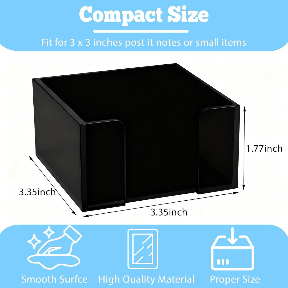 Black Acrylic Sticky Note Holder, 3x3 Crystal Clear Notepad Holder with Anti-Slip Base Post It Note Holder Sticky Note, Dispenser for Office Desk, Home Organizer
