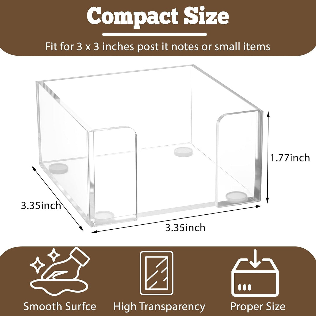 Black Acrylic Sticky Note Holder, 3x3 Crystal Clear Notepad Holder with Anti-Slip Base Post It Note Holder Sticky Note, Dispenser for Office Desk, Home Organizer