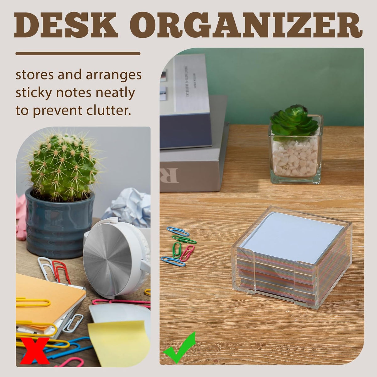 Black Acrylic Sticky Note Holder, 3x3 Crystal Clear Notepad Holder with Anti-Slip Base Post It Note Holder Sticky Note, Dispenser for Office Desk, Home Organizer