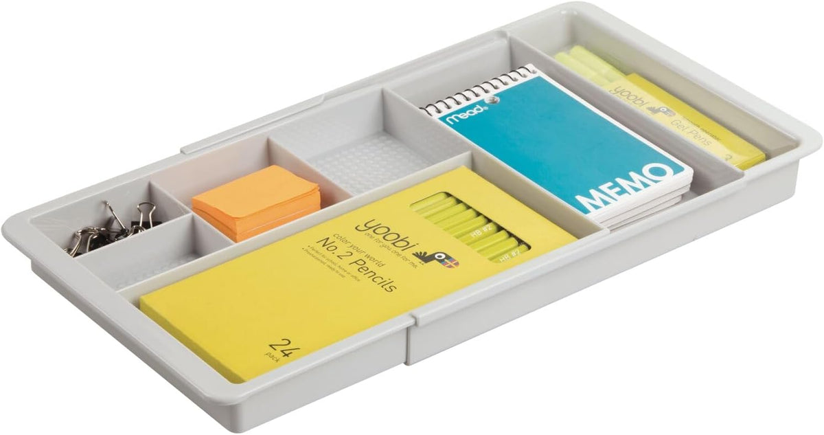 Expandable Plastic Drawer Organizer and Storage Container for Office Supplies - Gel Pen Pencil, Marker, Stationary, Desk Supply Holder for Drawers and Desktop - Lumiere Collection - Light Gray