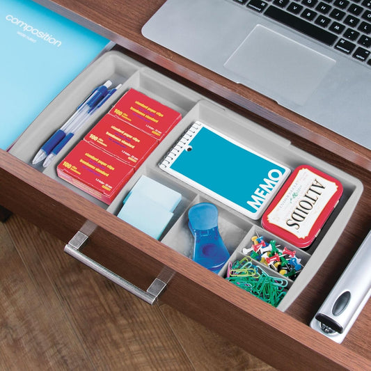 Expandable Plastic Drawer Organizer and Storage Container for Office Supplies - Gel Pen Pencil, Marker, Stationary, Desk Supply Holder for Drawers and Desktop - Lumiere Collection - Light Gray