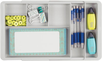 Expandable Plastic Drawer Organizer and Storage Container for Office Supplies - Gel Pen Pencil, Marker, Stationary, Desk Supply Holder for Drawers and Desktop - Lumiere Collection - Light Gray