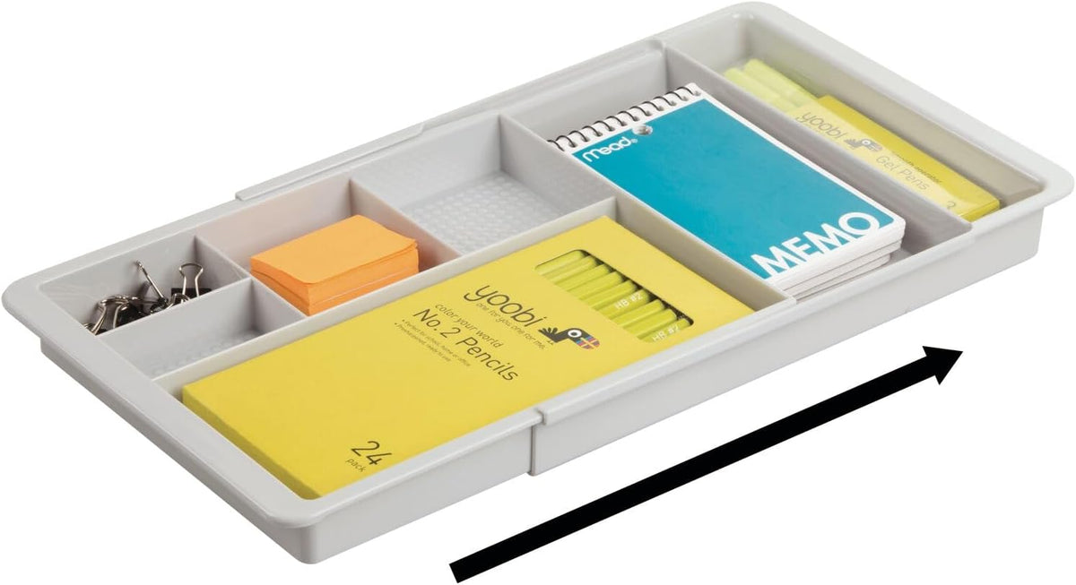 Expandable Plastic Drawer Organizer and Storage Container for Office Supplies - Gel Pen Pencil, Marker, Stationary, Desk Supply Holder for Drawers and Desktop - Lumiere Collection - Light Gray