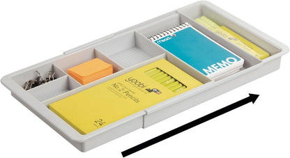 Expandable Plastic Drawer Organizer and Storage Container for Office Supplies - Gel Pen Pencil, Marker, Stationary, Desk Supply Holder for Drawers and Desktop - Lumiere Collection - Light Gray