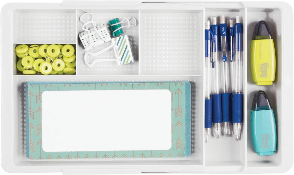 Expandable Plastic Drawer Organizer and Storage Container for Office Supplies - Gel Pen Pencil, Marker, Stationary, Desk Supply Holder for Drawers and Desktop - Lumiere Collection - Light Gray
