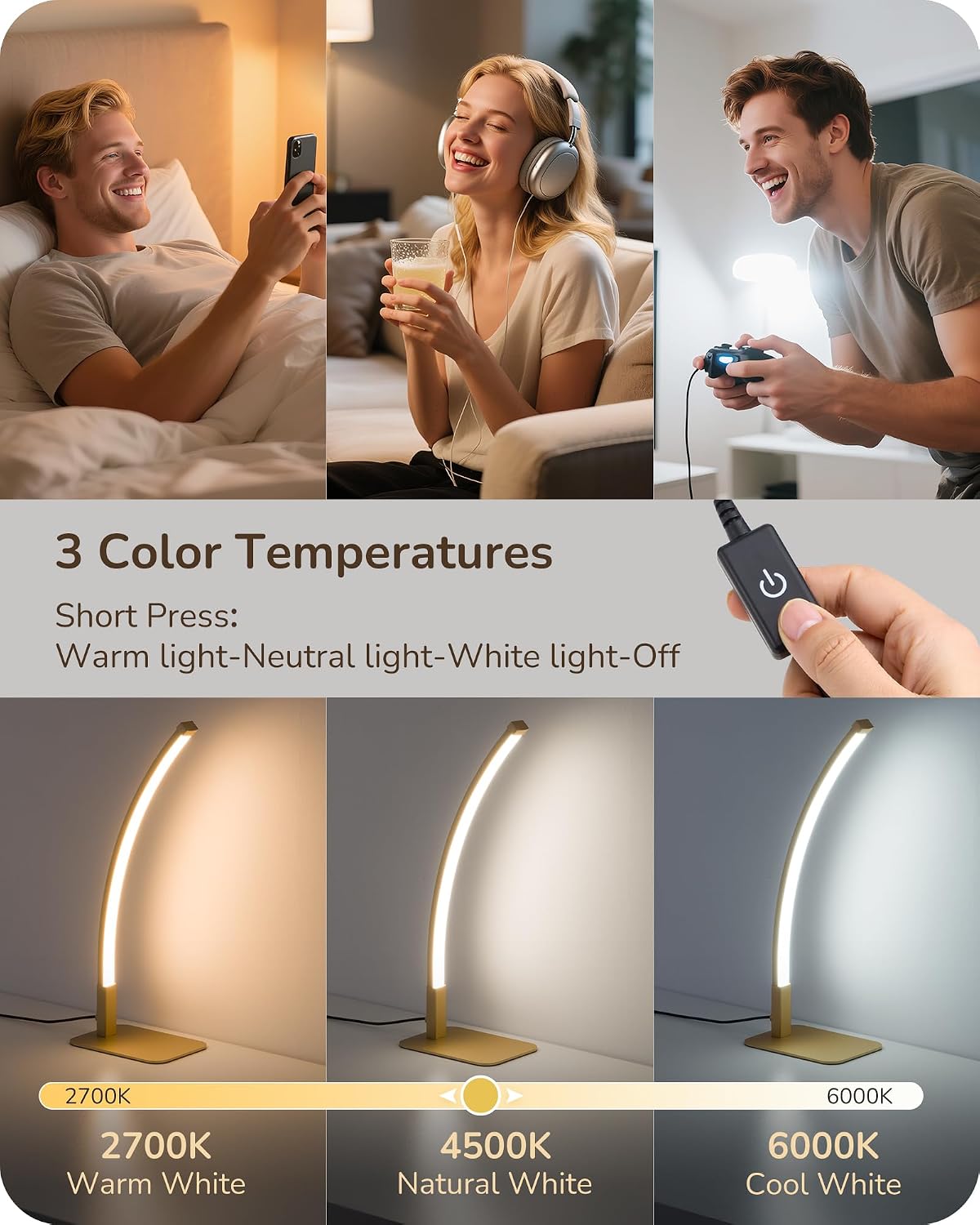 Curved LED Table Lamps for Living Room, Modern Bedside Lamp, Gold