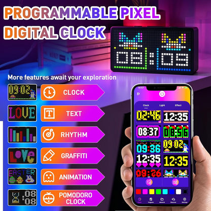 Programmable Pixel Digital Clock for Desk, Plug-in, Busy Box Sign,Pomodoro Timer, Alarm, Bluetooth APP Control, Custom Text, Patterns, Animations