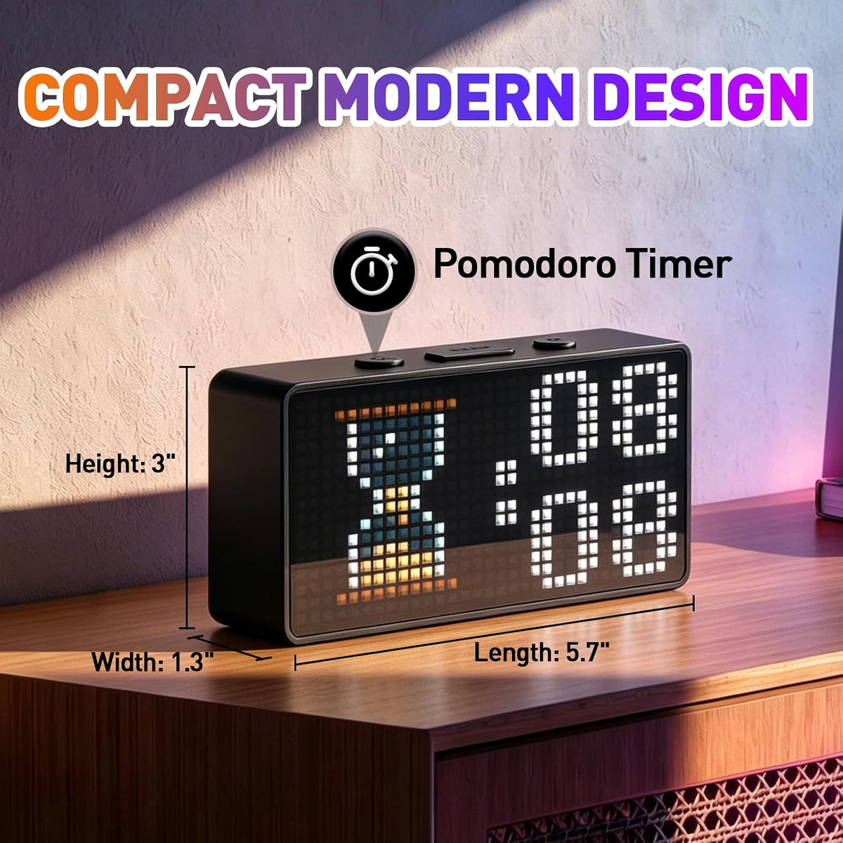 Programmable Pixel Digital Clock for Desk, Plug-in, Busy Box Sign,Pomodoro Timer, Alarm, Bluetooth APP Control, Custom Text, Patterns, Animations