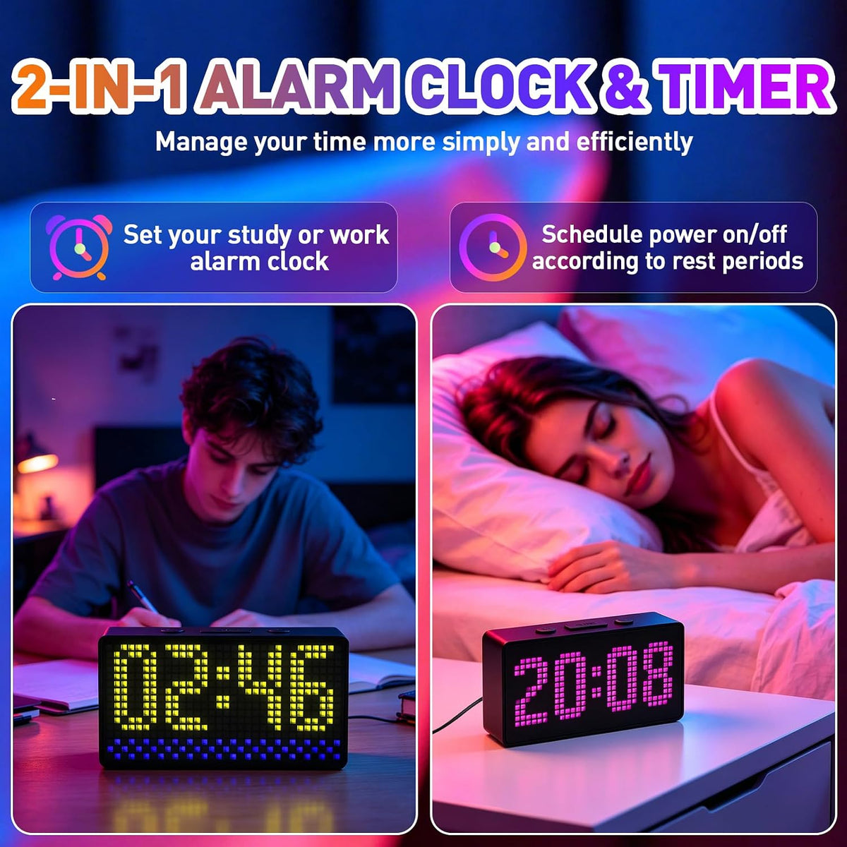 Programmable Pixel Digital Clock for Desk, Plug-in, Busy Box Sign,Pomodoro Timer, Alarm, Bluetooth APP Control, Custom Text, Patterns, Animations