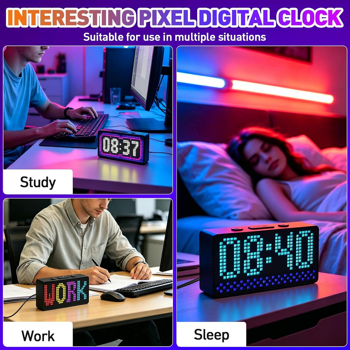 Programmable Pixel Digital Clock for Desk, Plug-in, Busy Box Sign,Pomodoro Timer, Alarm, Bluetooth APP Control, Custom Text, Patterns, Animations