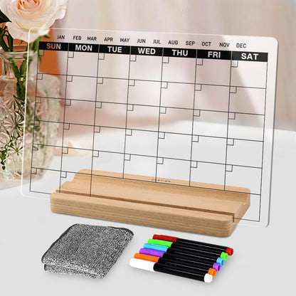 Acrylic Dry Erase Monthly Calendar Board for Desk, 9x13 Transparent Acrylic Whiteboard with Date Grid, Wood Stand, 6 Wet Erase Markers, for Home, Office, School (Black Text)