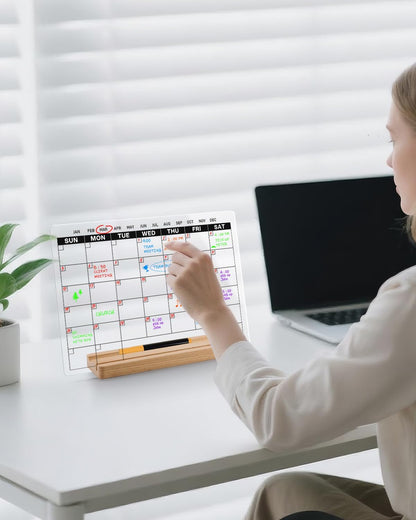 Acrylic Dry Erase Monthly Calendar Board for Desk, 9x13 Transparent Acrylic Whiteboard with Date Grid, Wood Stand, 6 Wet Erase Markers, for Home, Office, School (Black Text)