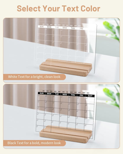 Acrylic Dry Erase Monthly Calendar Board for Desk, 9x13 Transparent Acrylic Whiteboard with Date Grid, Wood Stand, 6 Wet Erase Markers, for Home, Office, School (Black Text)