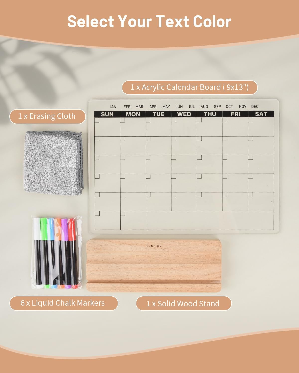 Acrylic Dry Erase Monthly Calendar Board for Desk, 9x13 Transparent Acrylic Whiteboard with Date Grid, Wood Stand, 6 Wet Erase Markers, for Home, Office, School (Black Text)