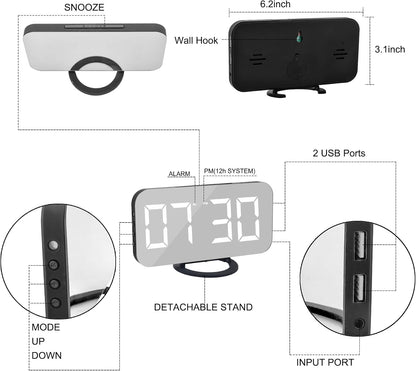 Digital Alarm Clock,LED and Mirror Desk Clock Large Display,with Dual USB Charger Ports,3 Levels Brightness,12/24H,Modern Electronic Clock for Bedroom Home Living Room Office - Gold