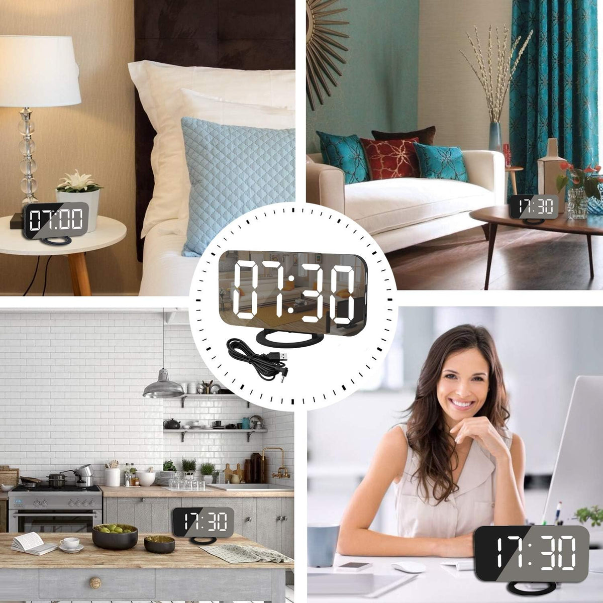 Digital Alarm Clock,LED and Mirror Desk Clock Large Display,with Dual USB Charger Ports,3 Levels Brightness,12/24H,Modern Electronic Clock for Bedroom Home Living Room Office - Gold