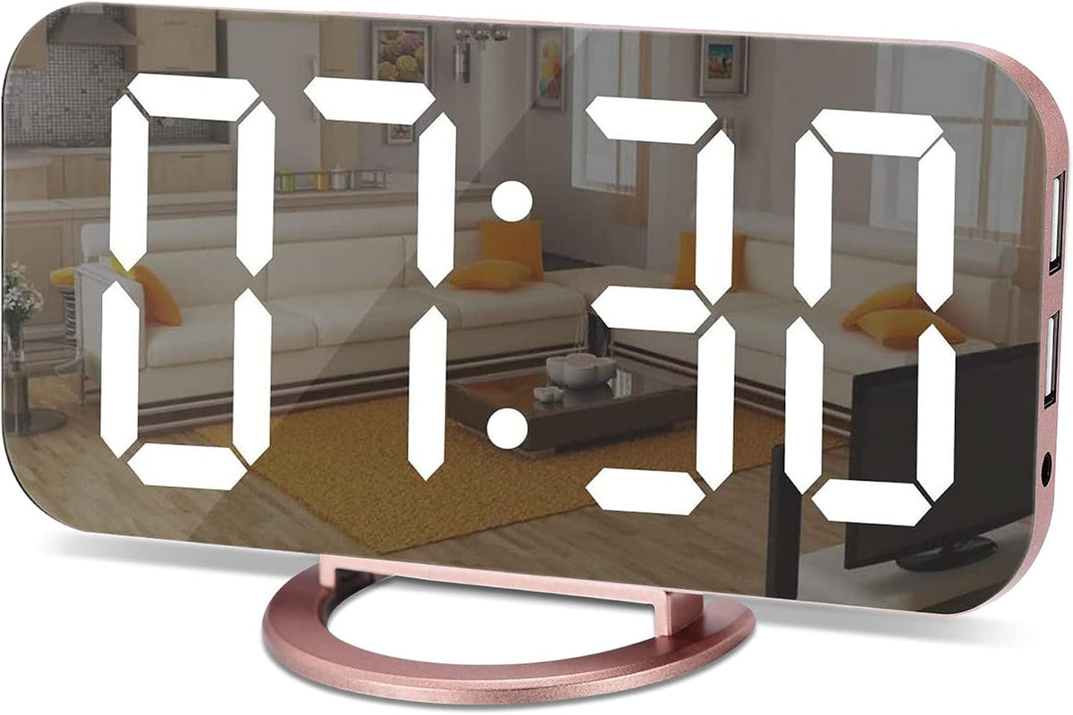 Digital Alarm Clock,LED and Mirror Desk Clock Large Display,with Dual USB Charger Ports,3 Levels Brightness,12/24H,Modern Electronic Clock for Bedroom Home Living Room Office - Gold