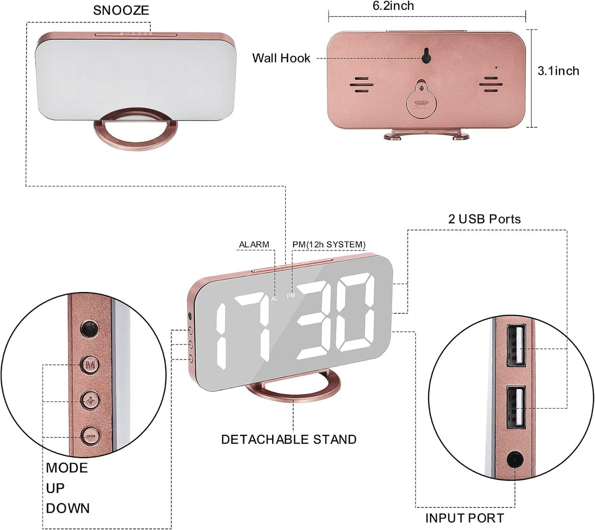 Digital Alarm Clock,LED and Mirror Desk Clock Large Display,with Dual USB Charger Ports,3 Levels Brightness,12/24H,Modern Electronic Clock for Bedroom Home Living Room Office - Gold
