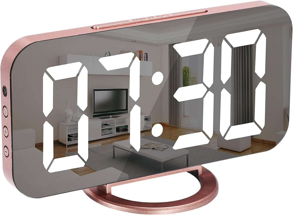 Digital Alarm Clock,LED and Mirror Desk Clock Large Display,with Dual USB Charger Ports,3 Levels Brightness,12/24H,Modern Electronic Clock for Bedroom Home Living Room Office - Gold