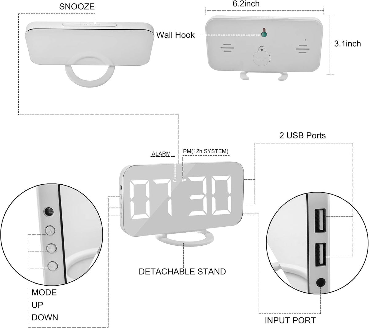 Digital Alarm Clock,LED and Mirror Desk Clock Large Display,with Dual USB Charger Ports,3 Levels Brightness,12/24H,Modern Electronic Clock for Bedroom Home Living Room Office - Gold