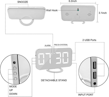 Digital Alarm Clock,LED and Mirror Desk Clock Large Display,with Dual USB Charger Ports,3 Levels Brightness,12/24H,Modern Electronic Clock for Bedroom Home Living Room Office - Gold