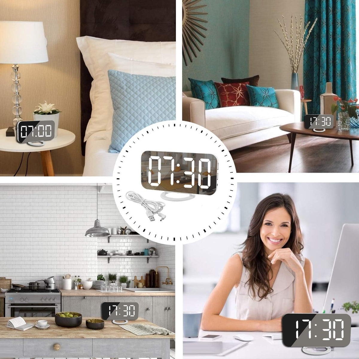 Digital Alarm Clock,LED and Mirror Desk Clock Large Display,with Dual USB Charger Ports,3 Levels Brightness,12/24H,Modern Electronic Clock for Bedroom Home Living Room Office - Gold
