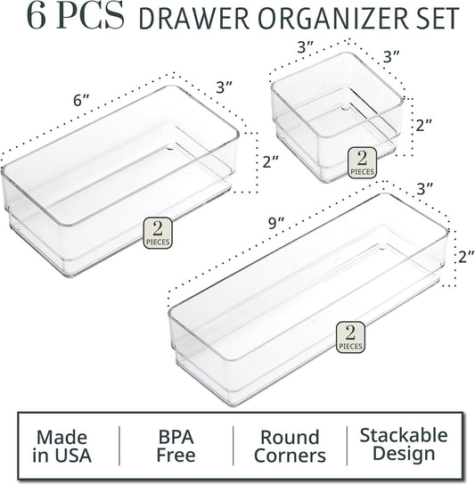 SimpleSort Drawer Organizer Bins 6 pc Set, Multi-size, Bathroom Organizers and Storage, Makeup Organizer, Desk Organizer, Vanity Organizer, Clear Organizing Containers, Made in USA