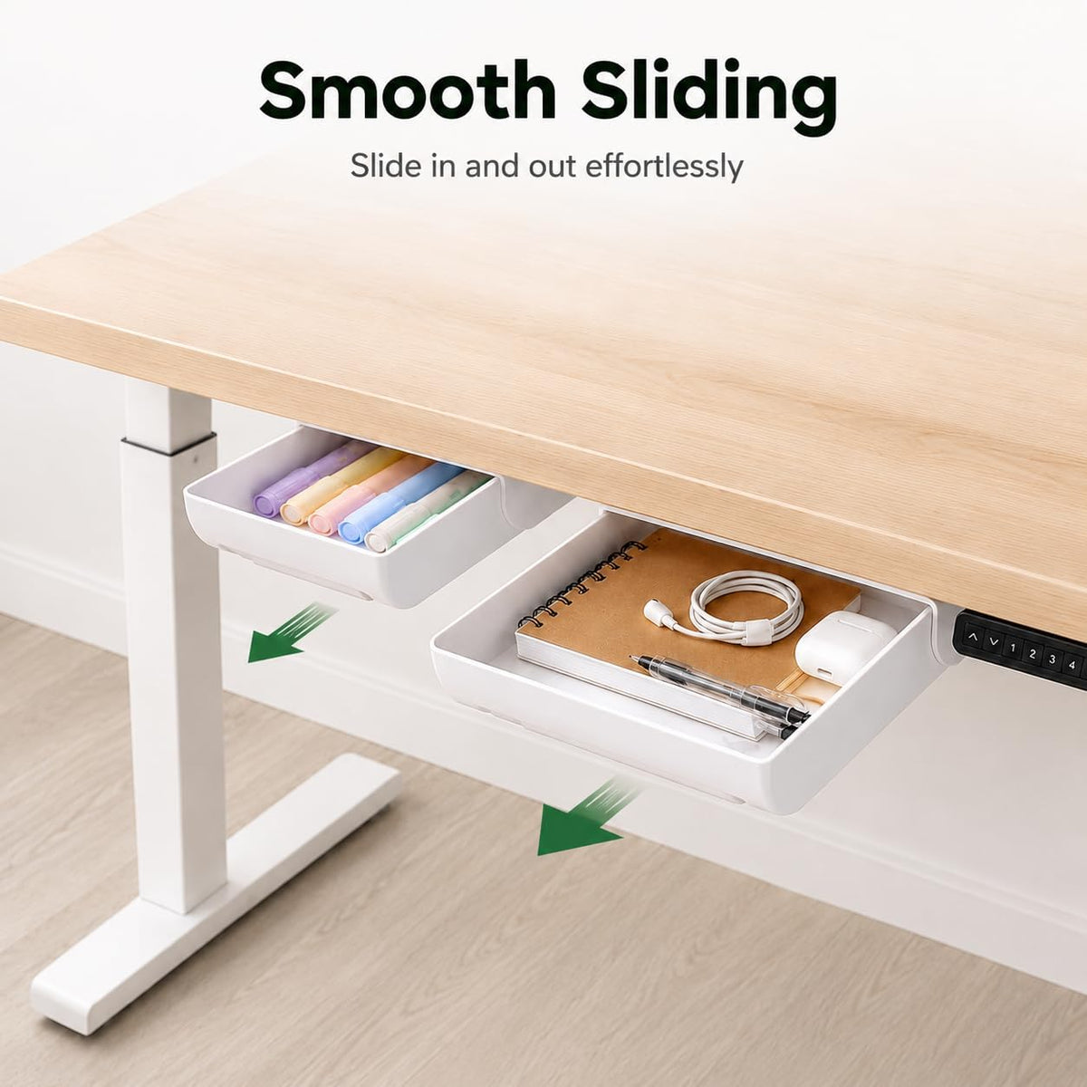 Under Desk Drawer Organizer, 2 Pack Self Adhesive Slide Out Desk Storage Drawers, Hidden Desk Drawer Attachment for Pens, Notes, Cables, Earbuds and Small Office Accessories
