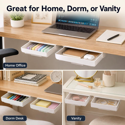 Under Desk Drawer Organizer, 2 Pack Self Adhesive Slide Out Desk Storage Drawers, Hidden Desk Drawer Attachment for Pens, Notes, Cables, Earbuds and Small Office Accessories