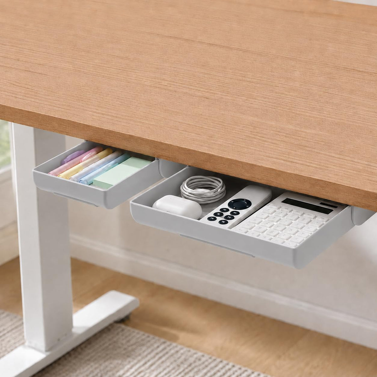 Under Desk Drawer Organizer, 2 Pack Self Adhesive Slide Out Desk Storage Drawers, Hidden Desk Drawer Attachment for Pens, Notes, Cables, Earbuds and Small Office Accessories