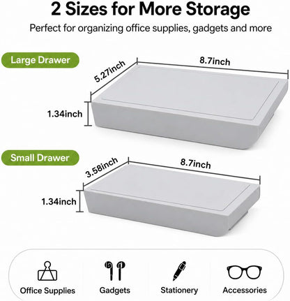 Under Desk Drawer Organizer, 2 Pack Self Adhesive Slide Out Desk Storage Drawers, Hidden Desk Drawer Attachment for Pens, Notes, Cables, Earbuds and Small Office Accessories