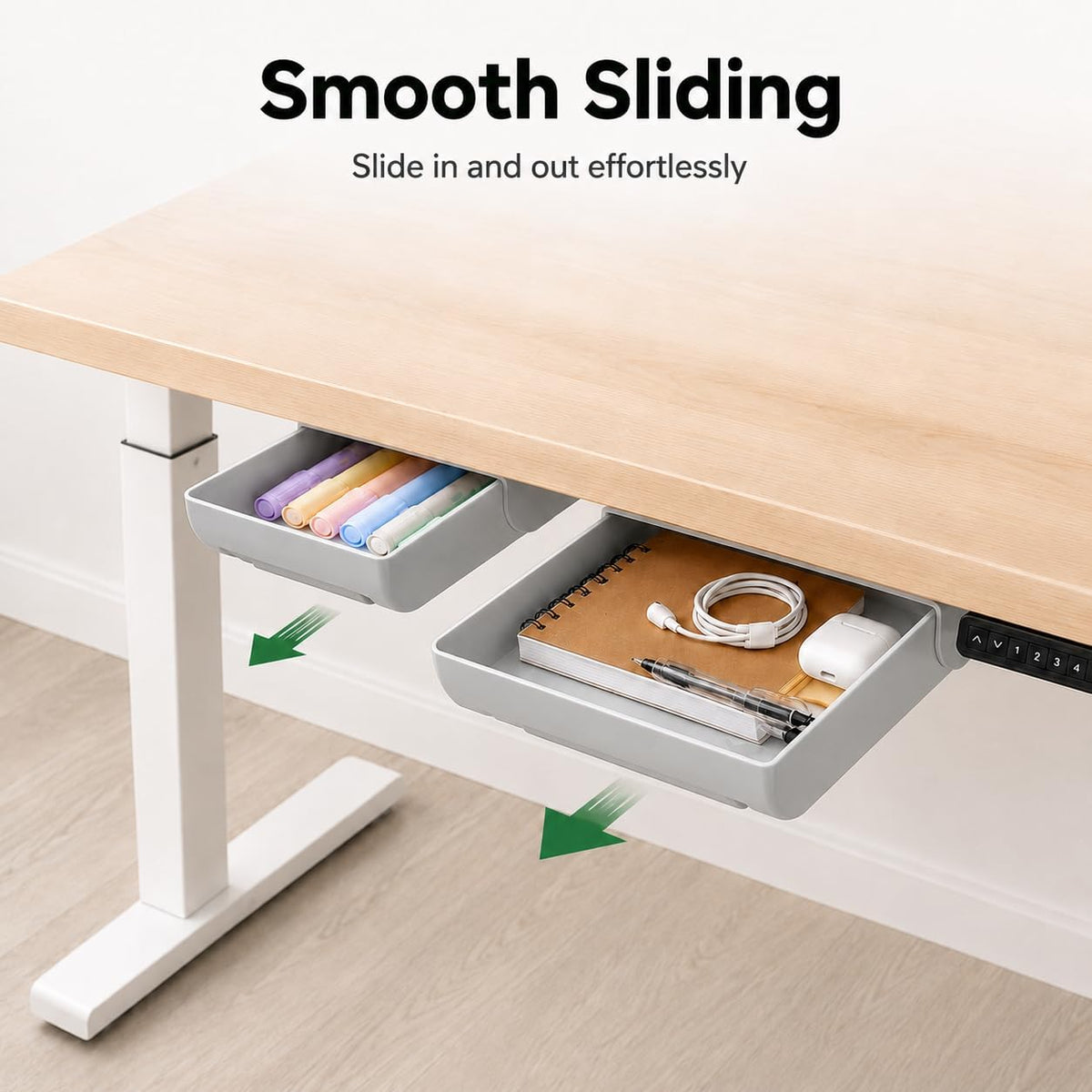 Under Desk Drawer Organizer, 2 Pack Self Adhesive Slide Out Desk Storage Drawers, Hidden Desk Drawer Attachment for Pens, Notes, Cables, Earbuds and Small Office Accessories