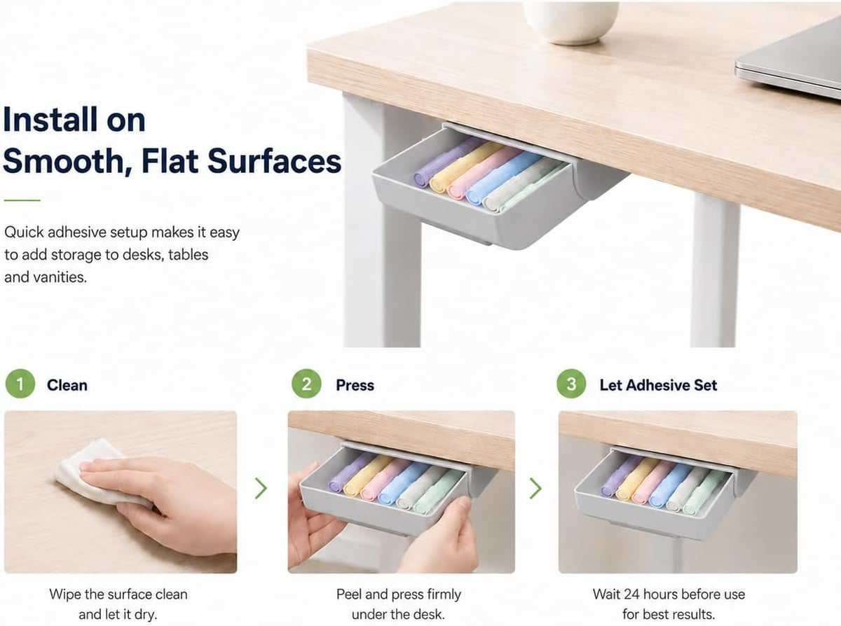 Under Desk Drawer Organizer, 2 Pack Self Adhesive Slide Out Desk Storage Drawers, Hidden Desk Drawer Attachment for Pens, Notes, Cables, Earbuds and Small Office Accessories