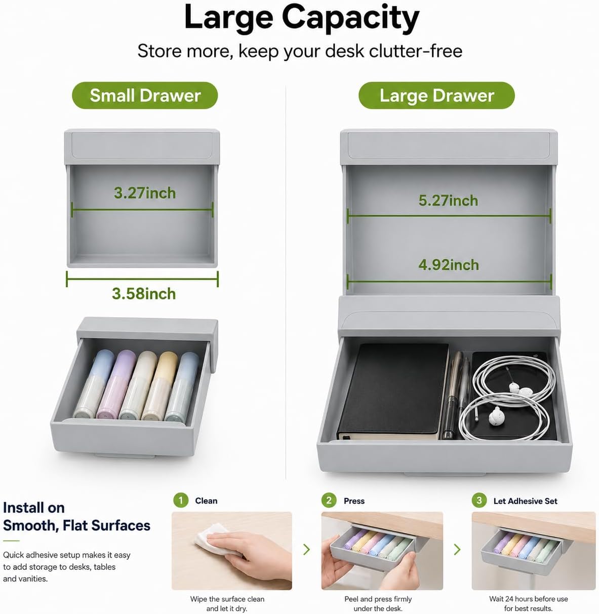 Under Desk Drawer Organizer, 2 Pack Self Adhesive Slide Out Desk Storage Drawers, Hidden Desk Drawer Attachment for Pens, Notes, Cables, Earbuds and Small Office Accessories
