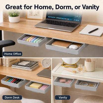 Under Desk Drawer Organizer, 2 Pack Self Adhesive Slide Out Desk Storage Drawers, Hidden Desk Drawer Attachment for Pens, Notes, Cables, Earbuds and Small Office Accessories